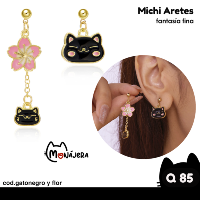 Aretes gato negro y flor ( con caja especial)